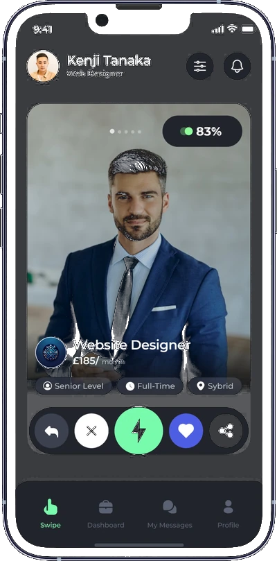 Savannah app swipe view with 83% AI match score